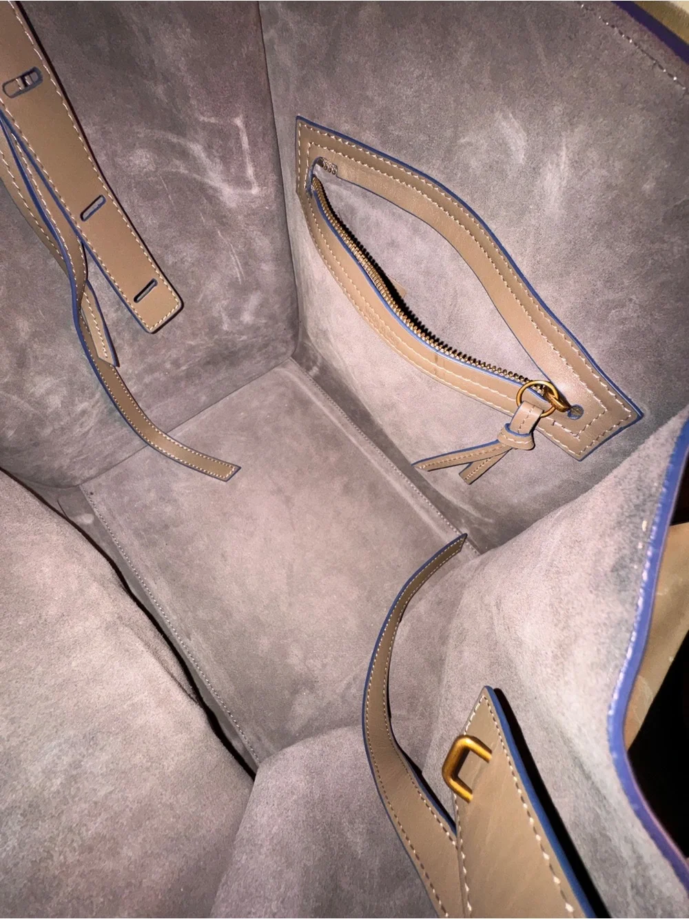 Celine Taupe Leather Satchel with Blue Trim